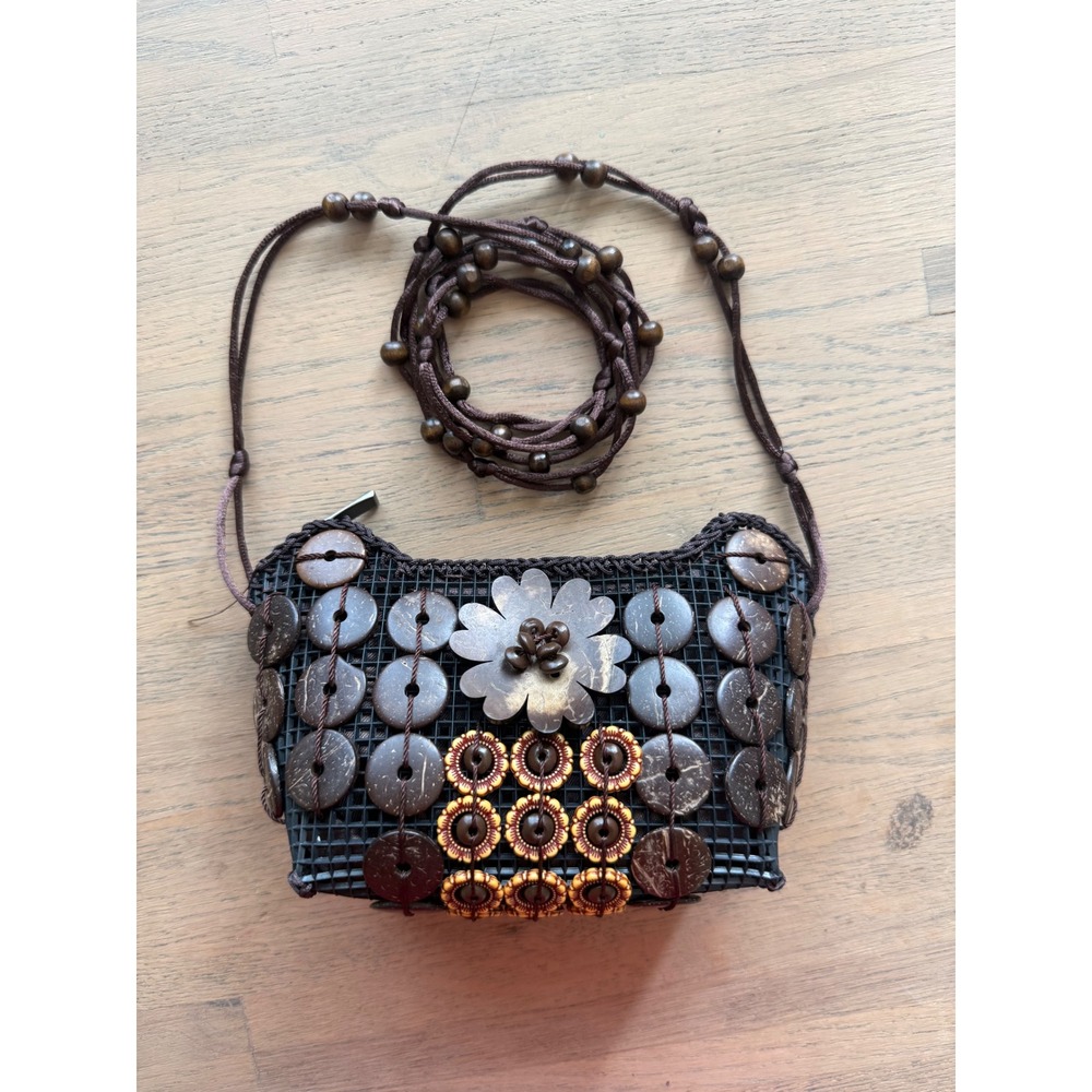 Vintage Boho Coconut Shell Beaded Crossbody Mini Bag Brown Black Tropical Floral